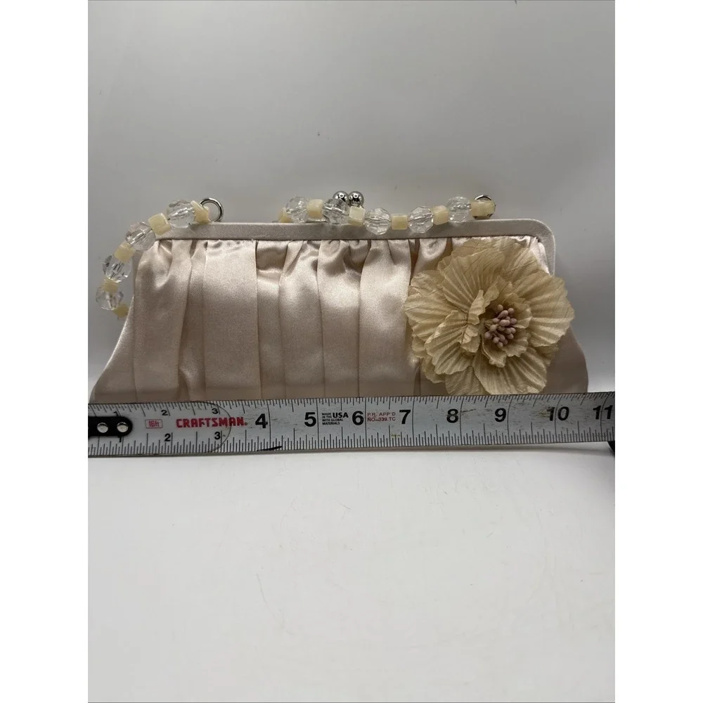 Vintage‎ Champagne Satin Pleated Evening Clutch with Beaded Strap By Sasha NY